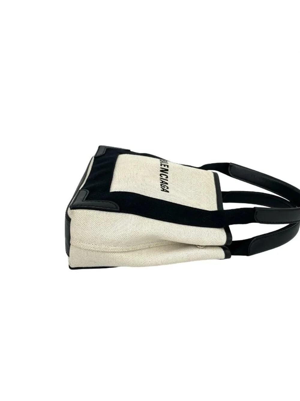 Balenciaga Navy Cabas S Canvas Leather 2-Way Shoulder Bag Black Ivory